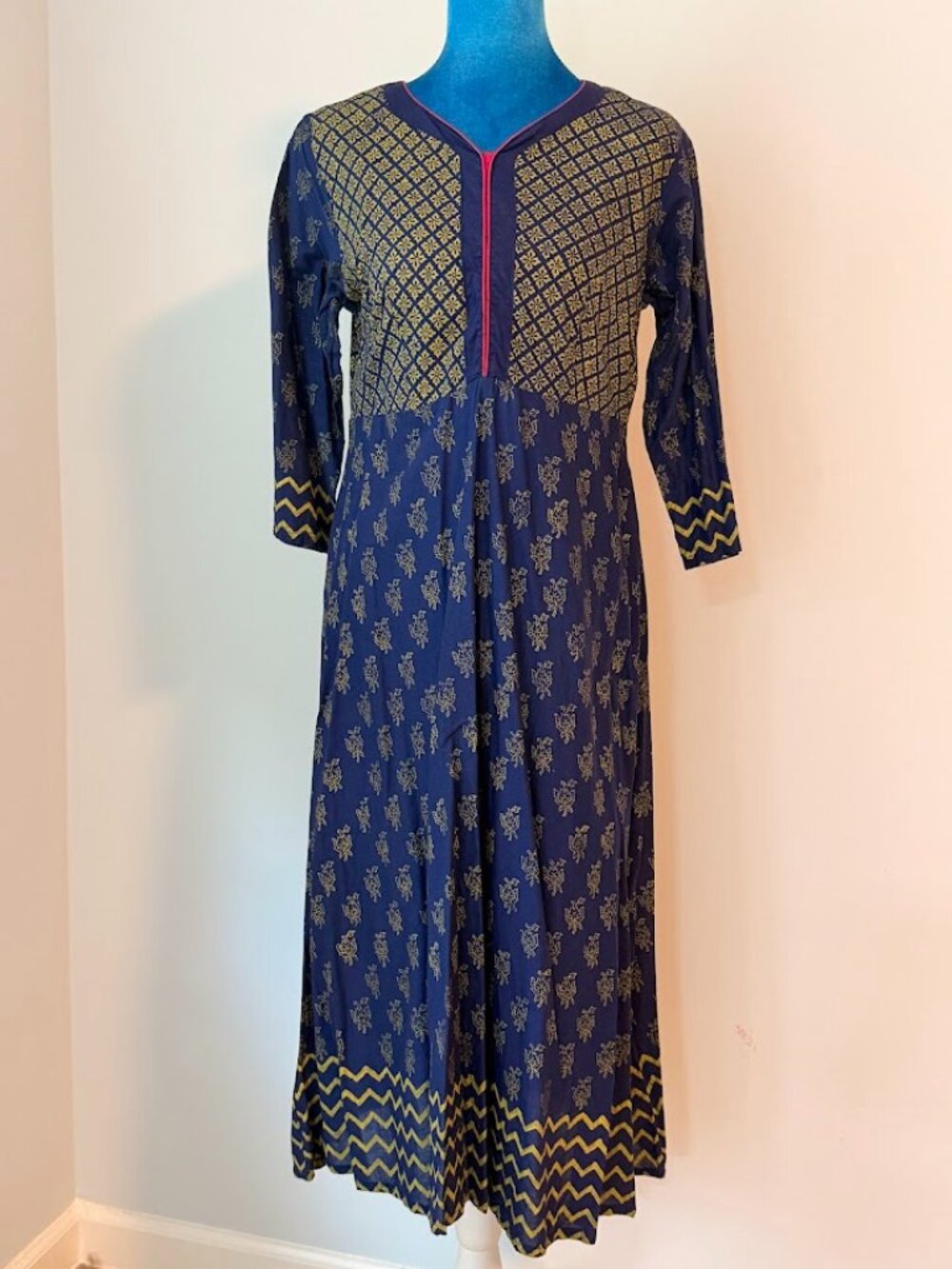 Navy Cotton Maxi Dress Gold Print Pink Neck Detail